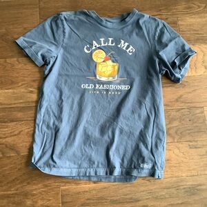 Life is Good Womens Blue Graphic Shirt Medium Old Fashion Drink Call Me